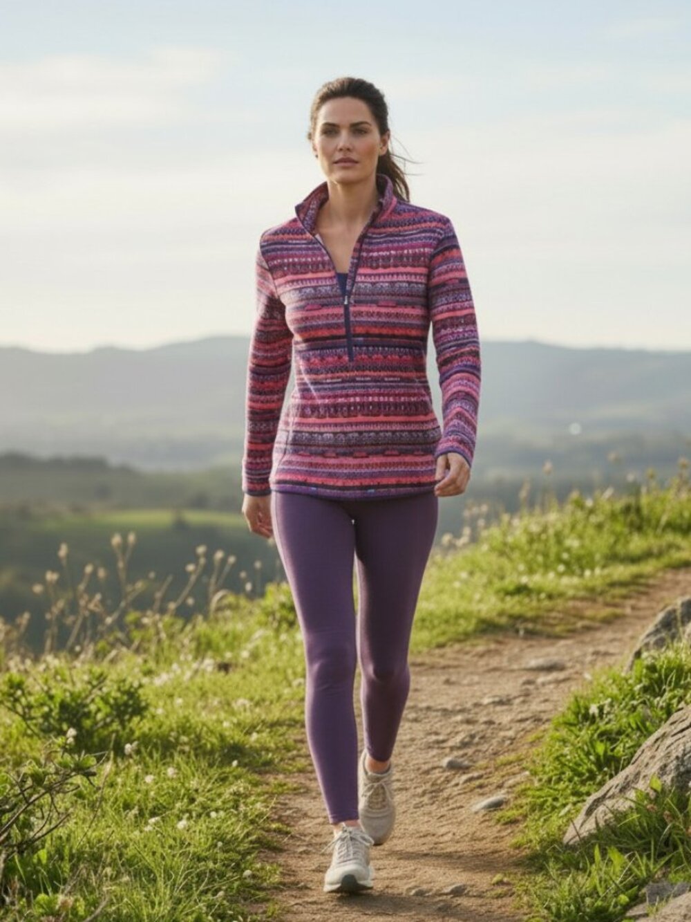 Nike Pro Dri-Fit Women's Shirt Medium Pink Purple Aztec Run Hike Gym 1/4 zip